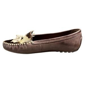 Roper Moccasins Women 9 Brown Lilly Cow Print Western Cowgirl Leather Shoes Prep